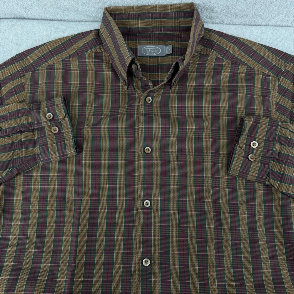 Talbots Mens Plaid Button Down Shirt Brown Green Burgundy Cotton Size M